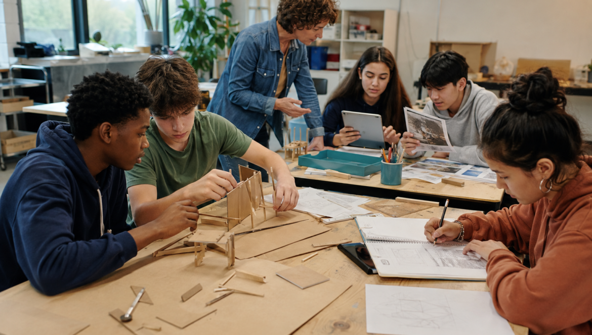 how schools can build student agency every day | edCircuit Group of students at a workshop table building a wooden model while a teacher assists nearby