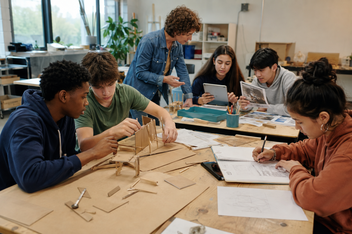 Group of students at a workshop table building a wooden model while a teacher assists nearby.