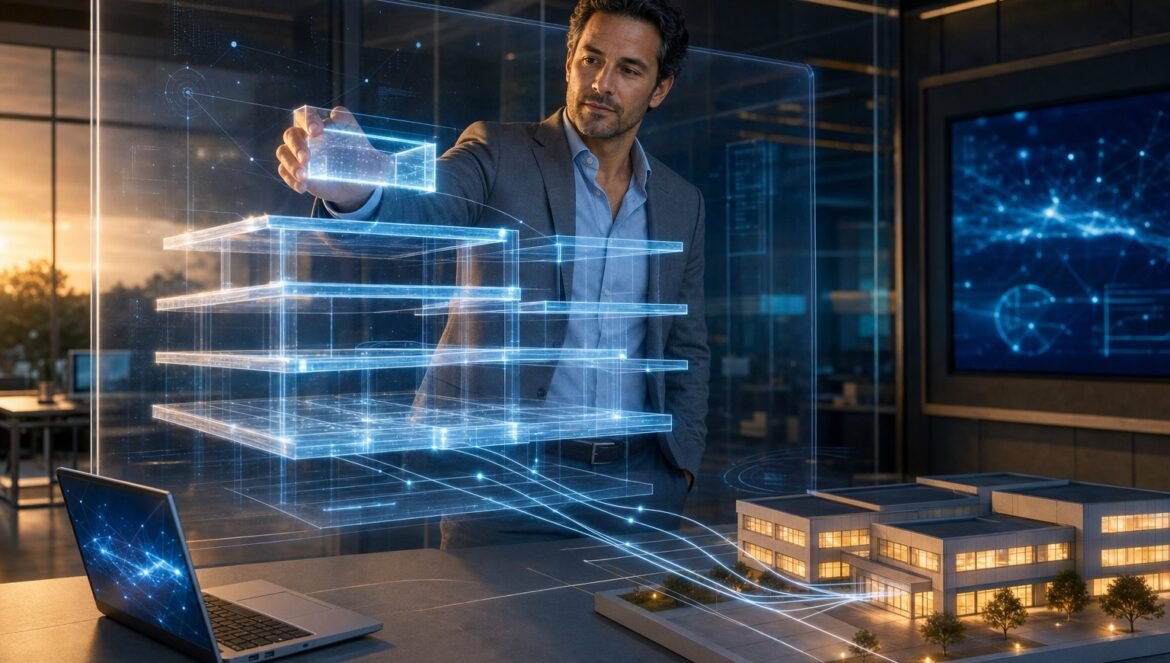 How to Implement AI in Education Using Industry Frameworks | edCircuit An education leader places a glowing block into a layered holographic framework connected to a model school building illustrating how to implement AI in education using an AI governance framework