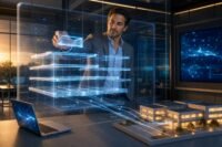 An education leader places a glowing block into a layered holographic framework connected to a model school building illustrating how to implement AI in education using an AI governance framework