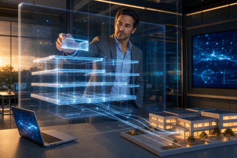 An education leader places a glowing block into a layered holographic framework connected to a model school building illustrating how to implement AI in education using an AI governance framework