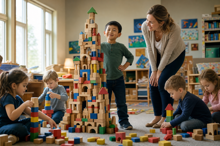 Child's intricate block tower stands out as the teacher notices, spotting a gifted child