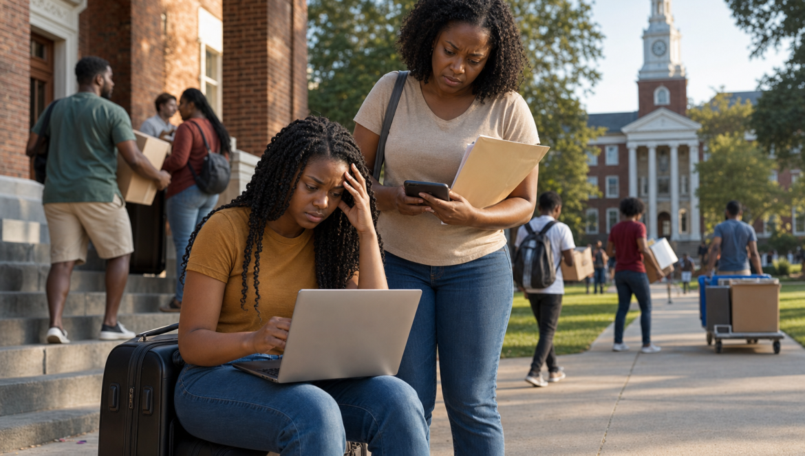 Howard University Unenrolled 502 Students What HBCU Families Should Know | edCircuit Howard University students a worried first year checks her college account on move in day as her mother holds aid papers