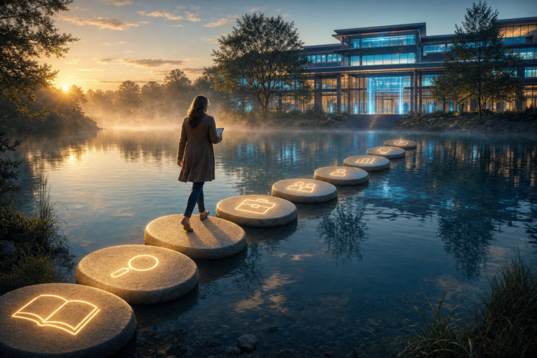 A teacher with a tablet crosses glowing stepping stones marked with icons toward a school lit with digital light at dawn