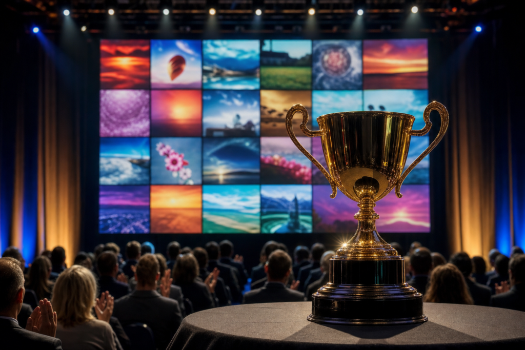 Trophy on stage before a screen of picture cards a visual vocabulary tool wins a pitch