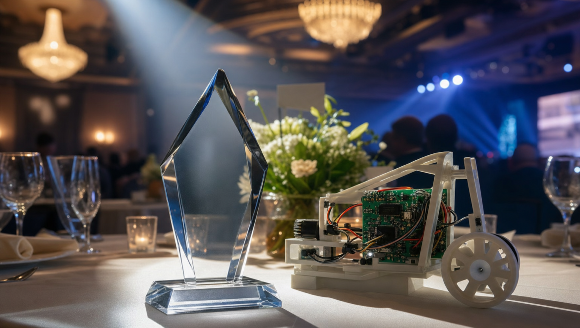 Glass award under a spotlight beside a student built prototype at a gala an intellectual property champion award