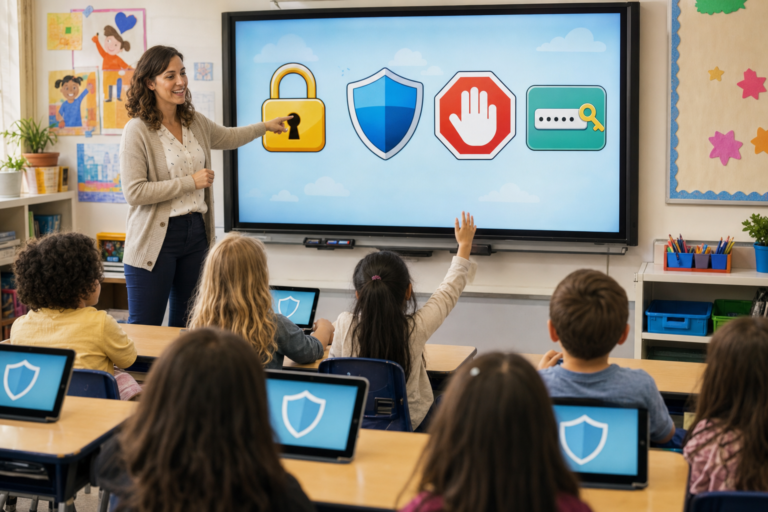 A teacher points to padlock, shield, stop-hand and password-key icons on a classroom display during an internet safety lesson as young students with tablets raise their hands