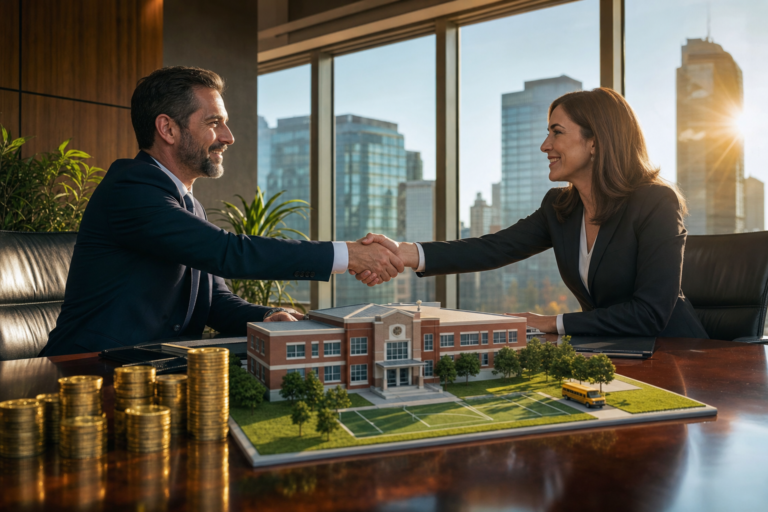 Investors shaking hands over a school model and coins, investing in education businesses
