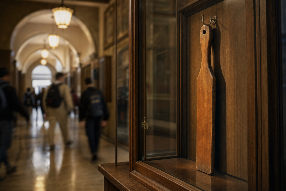 Old school paddle in a museum case as students walk past, ending corporal punishment