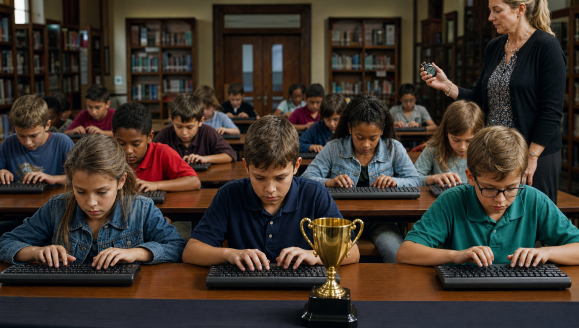 Six Steps to Organizing a Keyboarding Competition | edCircuit Elementary students typing in a library competition as a teacher holds a stopwatch a keyboarding competition