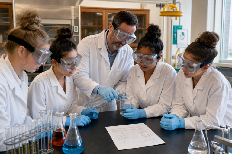 Lab safety for 9th graders: a science teacher guides ninth graders in sealed splash goggles, gloves and lab coats with hair tied up as they measure liquid beside a signed safety contract