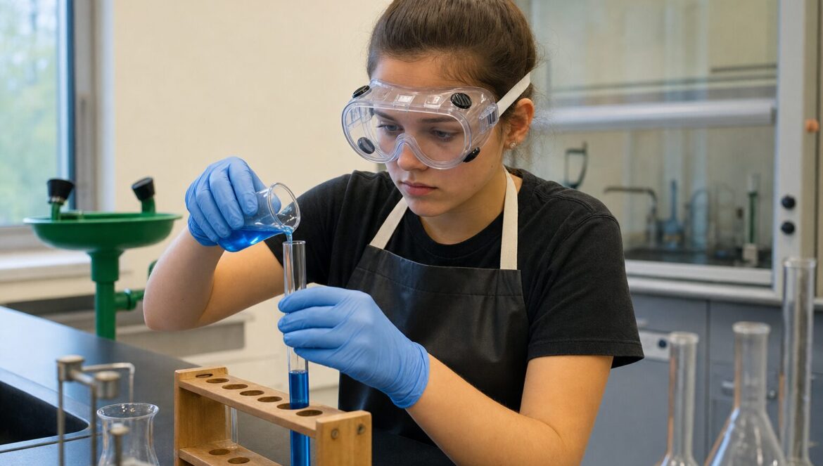 A student in chemical splash goggles gloves and apron carefully pours blue liquid into a test tube with an eyewash station and fume hood behind her