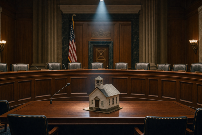 Congressional hearing room with a schoolhouse model on the table, federal role in education