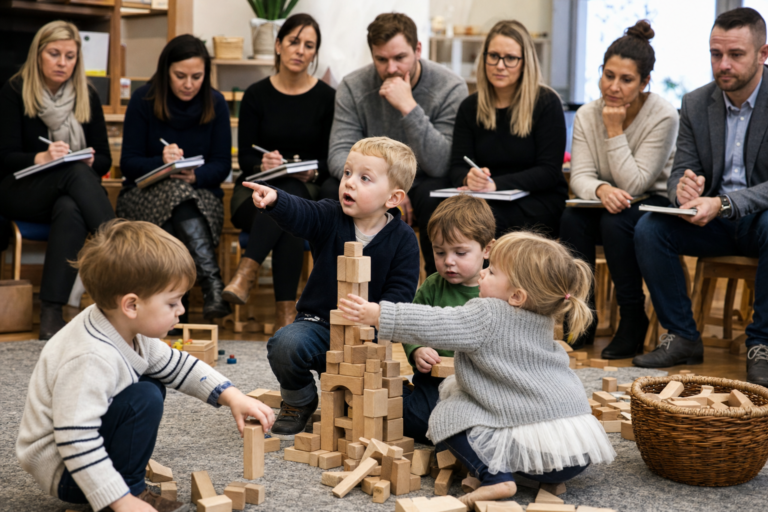 School leaders watching toddlers cooperate to build a block tower, leadership lessons from young learners