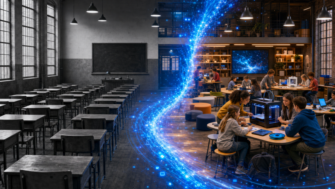 Some Are Calling For Massive Disruption in Education | edCircuit A wave of digital light sweeps through an old factory style classroom turning grey rows of desks into a lively maker space with students and a 3D printer
