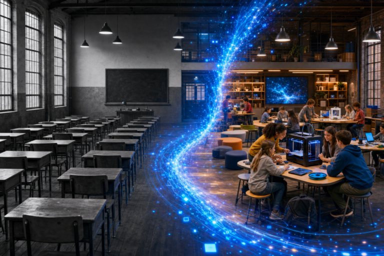 A wave of digital light sweeps through an old factory-style classroom, turning grey rows of desks into a lively maker space with students and a 3D printer