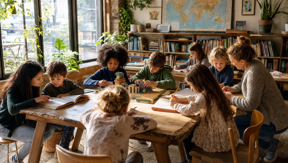 What Is a Microschool Cost Rules and Research | edCircuit Microschool children of different ages read write and build models around one big table as their teacher kneels to help