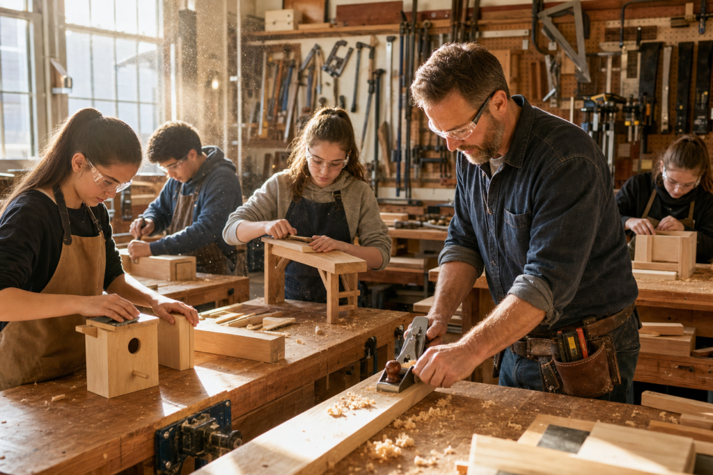 Maplewoodshop Partners with the Northeast Carpenters Apprenticeship Fund to Introduce Middle School Students to the Trades | edCircuit Middle school students in safety glasses and aprons build birdhouses in a school woodshop as a professional carpenter demonstrates a hand plane