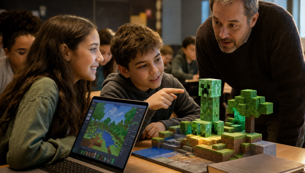 Minecraft Education in the classroom students and a teacher look at a creeper on a block model of a girls laptop world