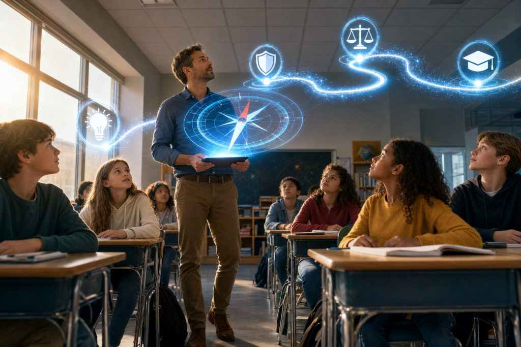 Navigating the Use of AI in the Classroom | edCircuit A teacher holds a tablet projecting a glowing compass whose path leads over the class past icons for ideas safety fairness and graduation