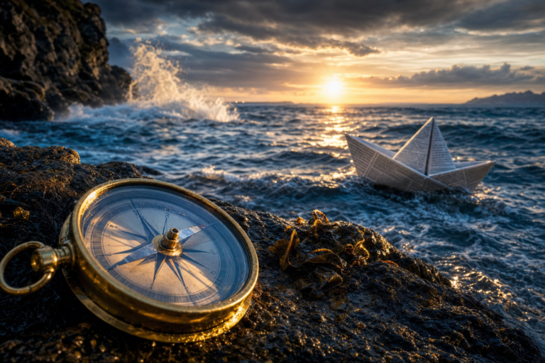 Paper boat made of policy documents on choppy water beside a compass, navigating education policy