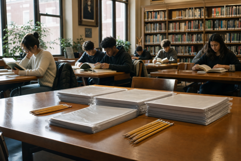 Untouched test booklets in a school library while students read, no penalty for opt outs