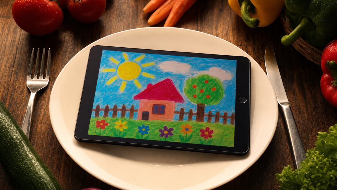Not All Screen Time Is Junk Food | edCircuit Tablet on a dinner plate showing a childs digital painting beside vegetables screen time that is not junk food