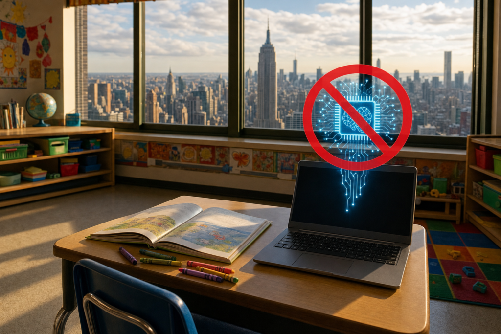New York City schools ban AI through grade 8 a glowing AI chip crossed out by a red circle and slash above a childs classroom desk with the city skyline behind