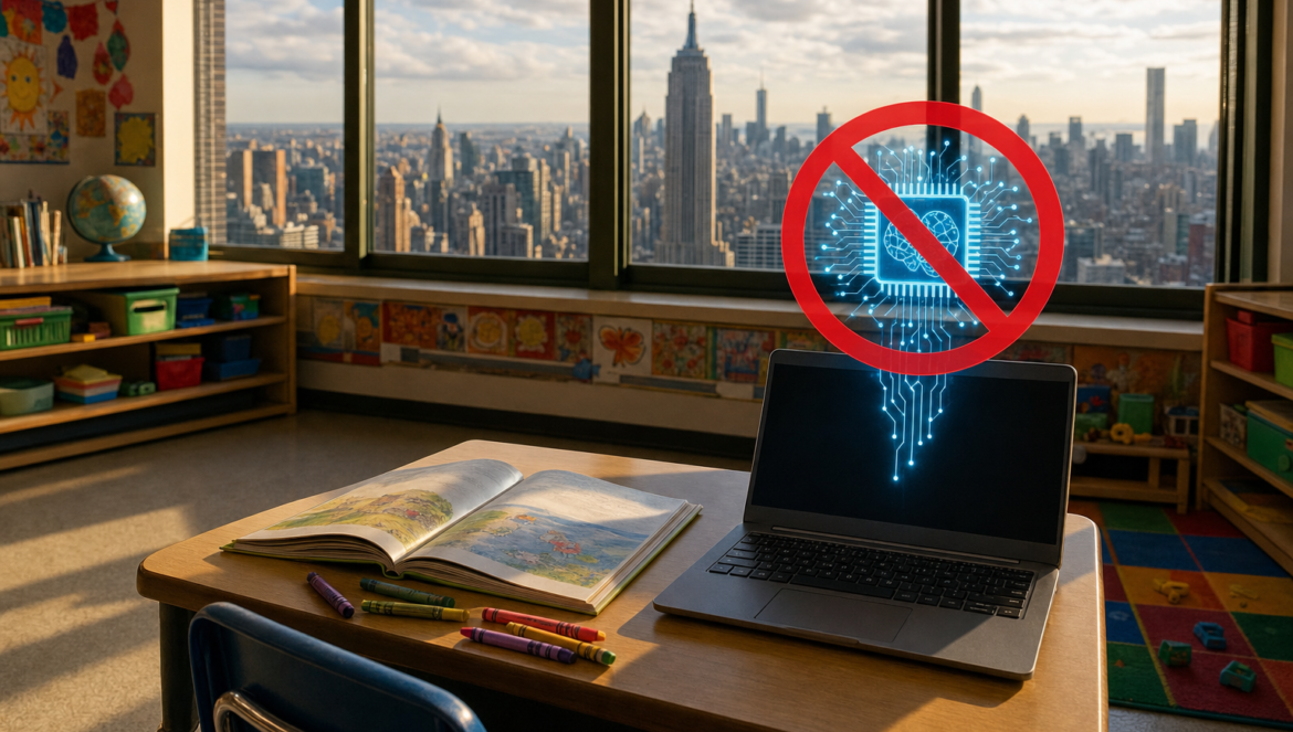 A glowing AI chip crossed out by a red circle and slash above a child classroom desk with the New York City skyline behind