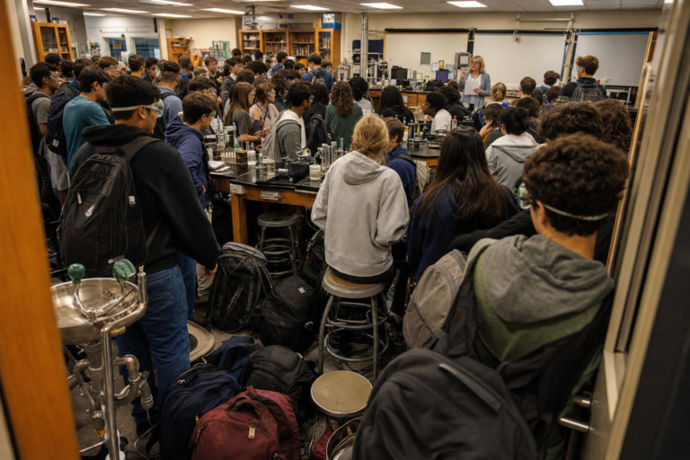 Occupancy load in science labs: an overcrowded lab packed with students, extra stools in the aisles and backpacks blocking the eyewash station and exit