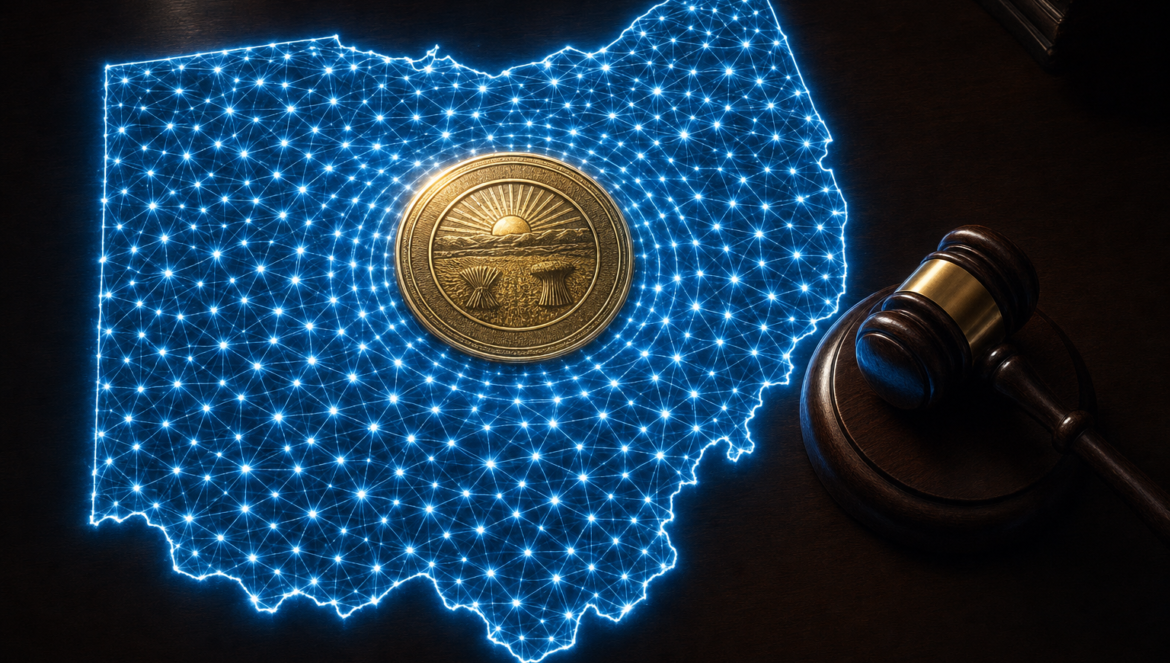 Ohio AI policy for schools a map of Ohio made of glowing AI network light with every district connected a gold seal pressed at the centre and a gavel beside it