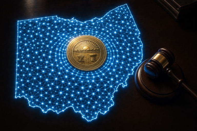 Ohio AI policy for schools: a map of Ohio made of glowing AI network light with every district connected, a gold seal pressed at the centre and a gavel beside it