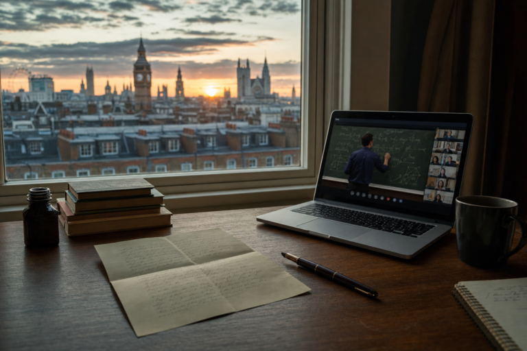 Handwritten open letter beside a laptop with an online class, a letter on learning