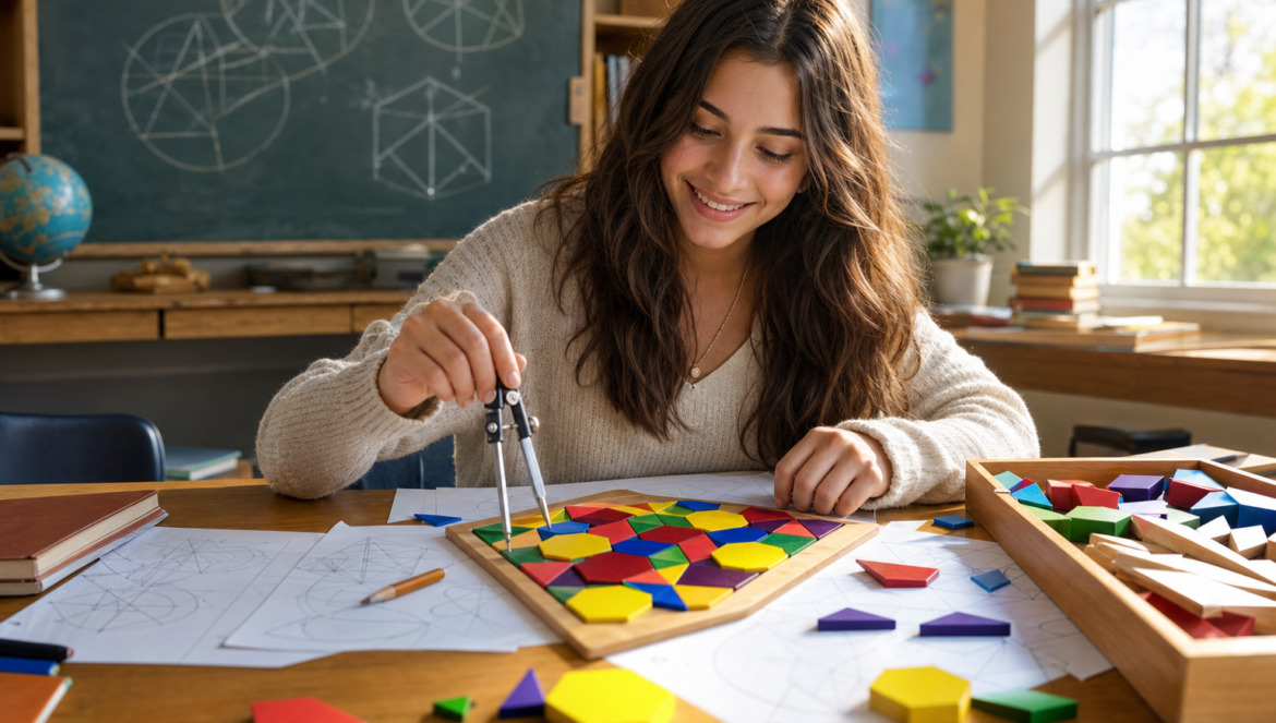 5 Ways to Overcome Anxiety and Increase Enjoyment in Math | edCircuit Smiling student enjoying a colorful geometry puzzle overcoming math anxiety