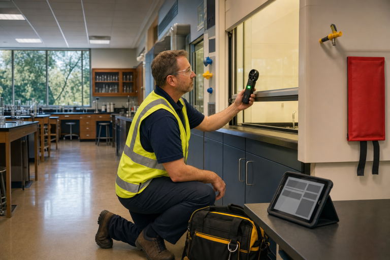 Physical safety inspections in science labs: a facilities inspector in a safety vest and glasses tests a fume hood airflow with a meter beside a gas shut-off valve and fire blanket
