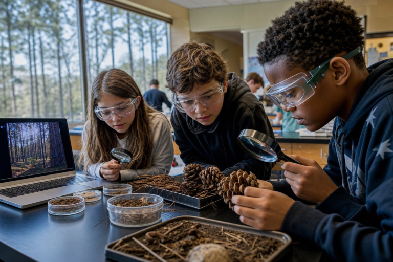 Texas students in goggles investigating pine cones and soil with magnifiers in science class