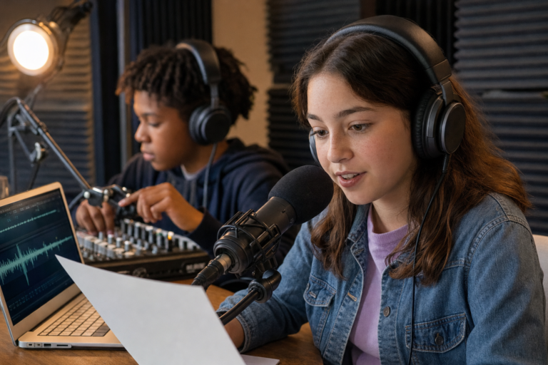 Podcasting with students: a middle school student records into a podcast microphone in a school broadcasting studio