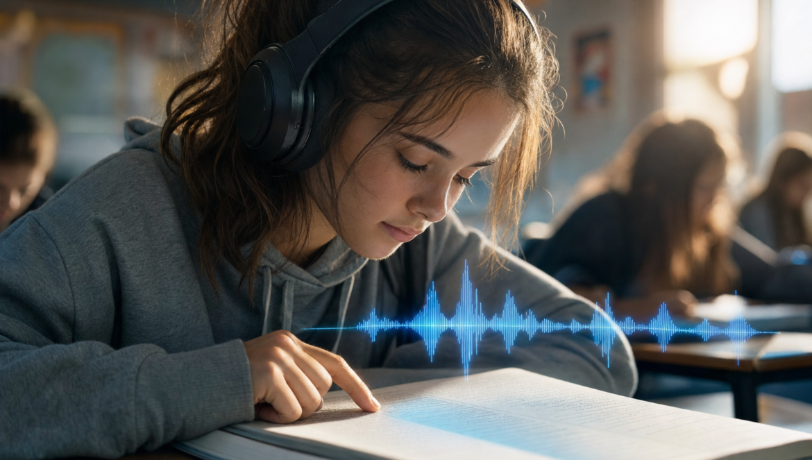 InformED Report Podcasts Help Students Read | edCircuit Podcasts help students read a student in headphones follows a transcript with her finger as a sound wave glows above the page