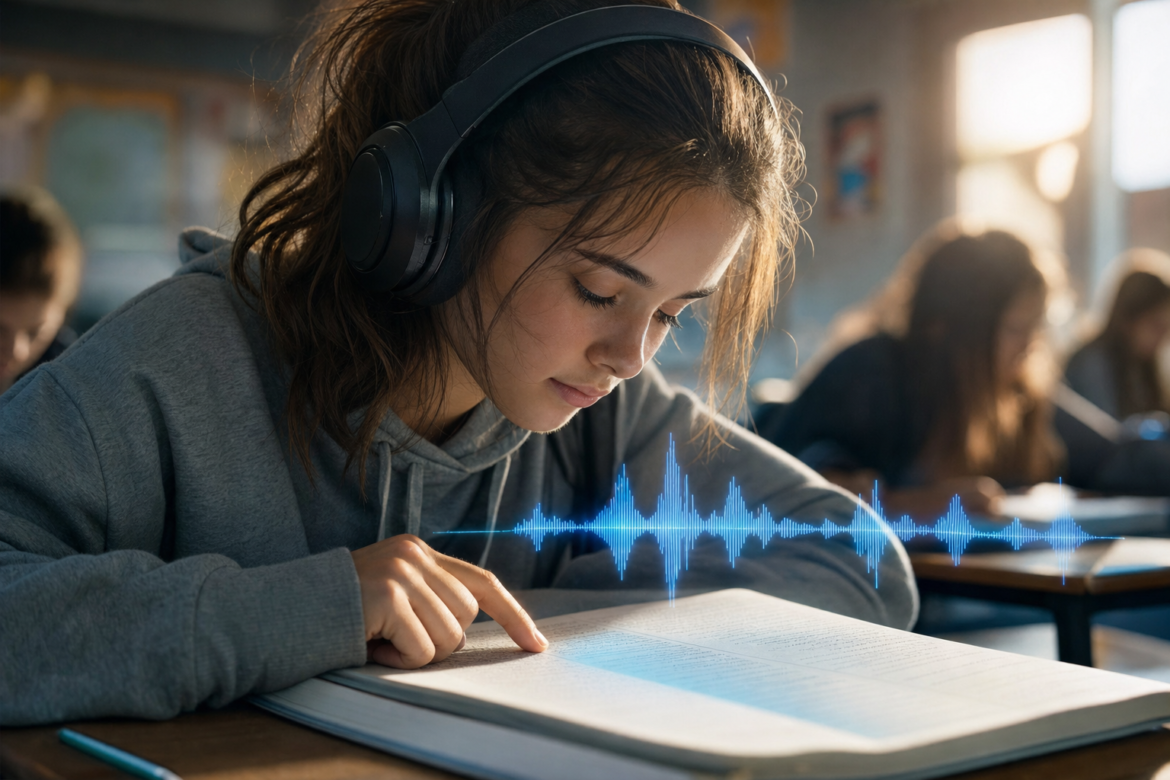 Podcasts help students read: a student in headphones follows a transcript with her finger as a sound wave glows above the page