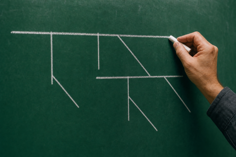 Teacher drawing a sentence diagram of branching lines on a chalkboard