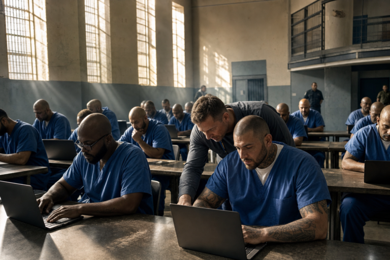 Men in prison uniforms learning to code in a prison classroom