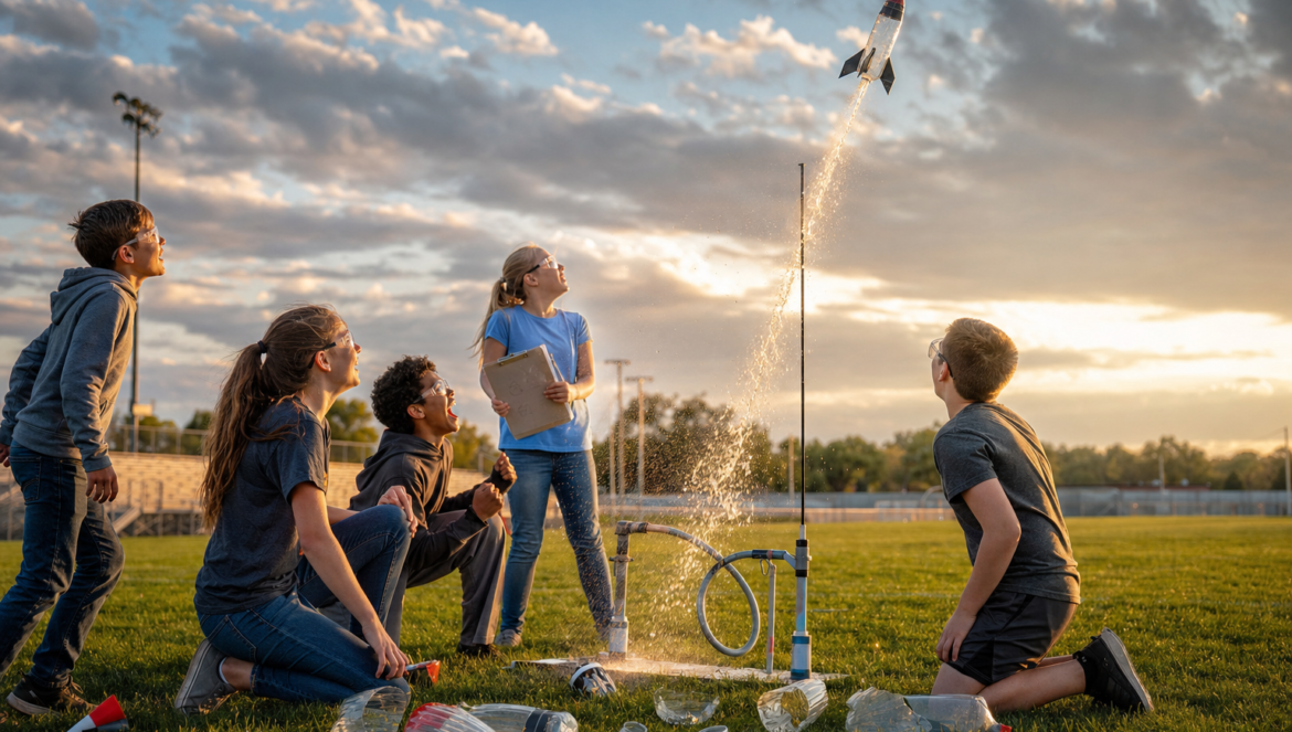 Problem based learning middle school students launch a homemade bottle rocket on a school field at sunset