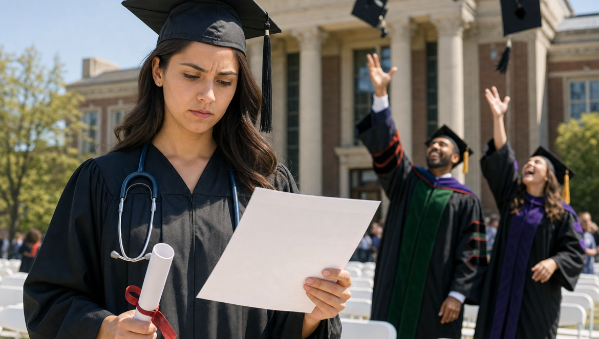 Professional degree loan limits a nursing graduate frowns at a loan statement as medical and law graduates toss caps
