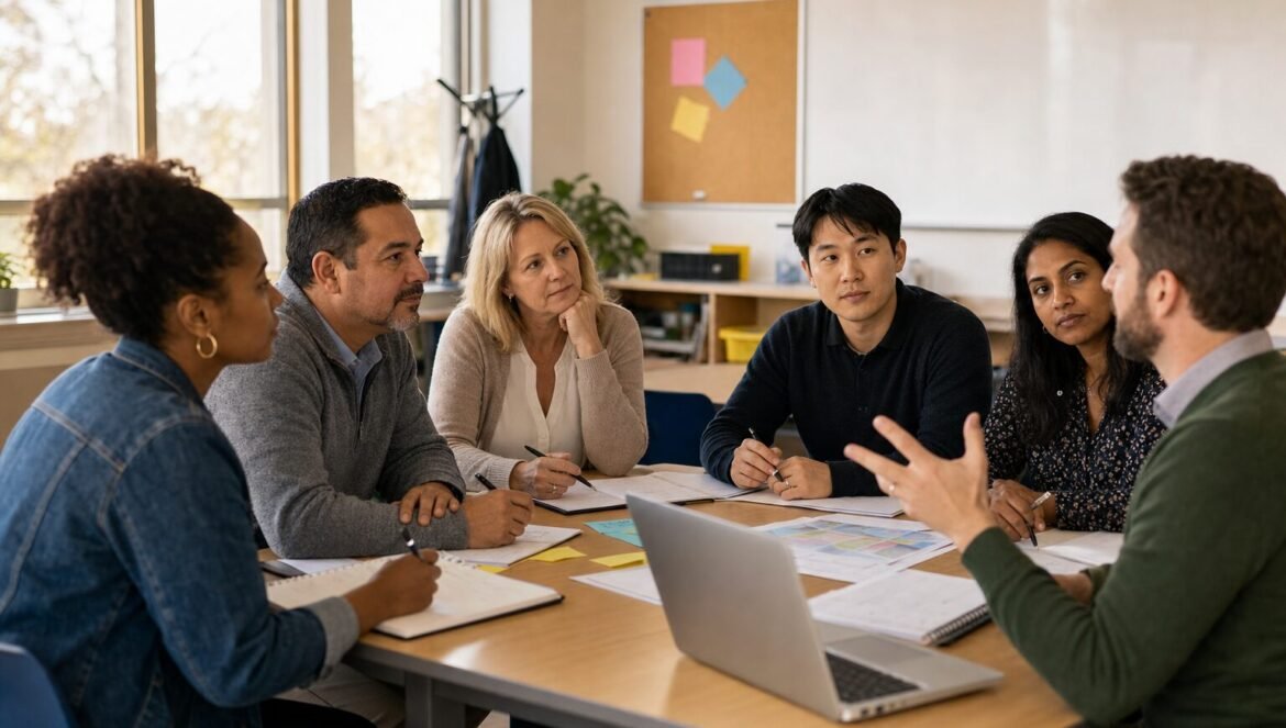 Professional development guide | edCircuit A group of teachers and an instructional coach discuss student work around a table in a school meeting room