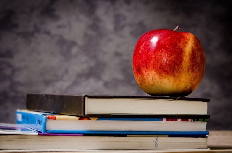 Red apple placed atop stacked books symbolizes education and learning
