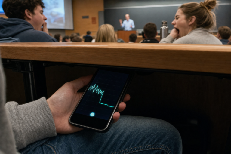 Phone showing a falling biofeedback wave in a dull lecture, a remedy for boring lectures