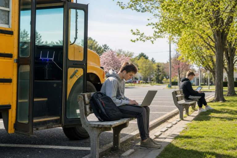 Remote learning in 2020: students do schoolwork beside a parked school bus that provides Wi-Fi