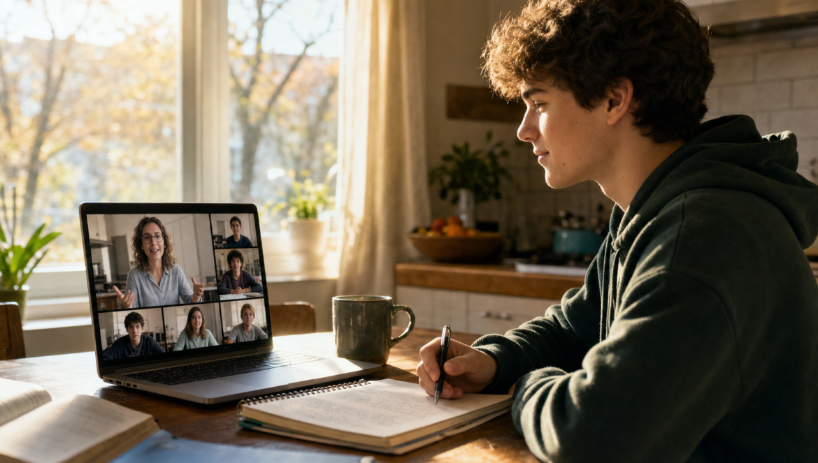 Future of School Welcomes MGT Consulting as a Partner in the Resilient Schools Project | edCircuit Student engaged in a live video class at a kitchen table flexible schooling through disruptions