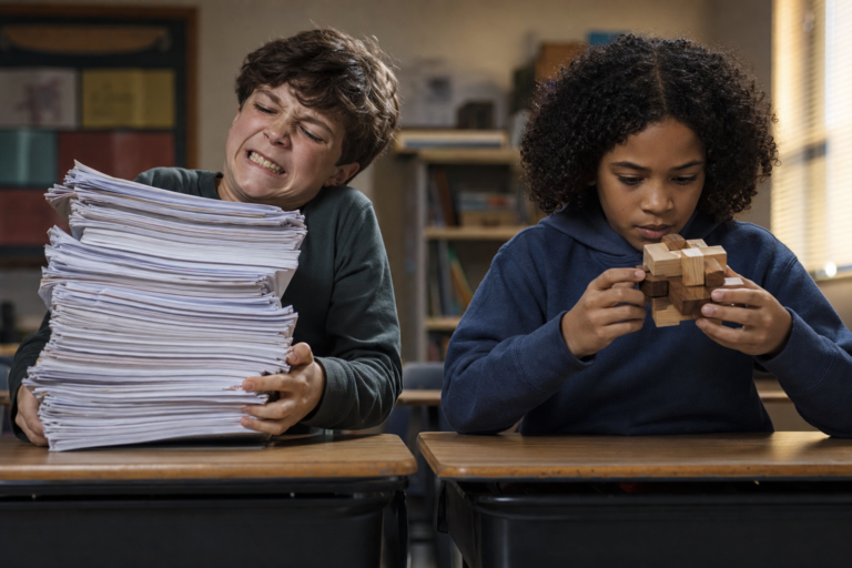 One student straining under a stack of worksheets, another thinking through a puzzle, rigor versus hard