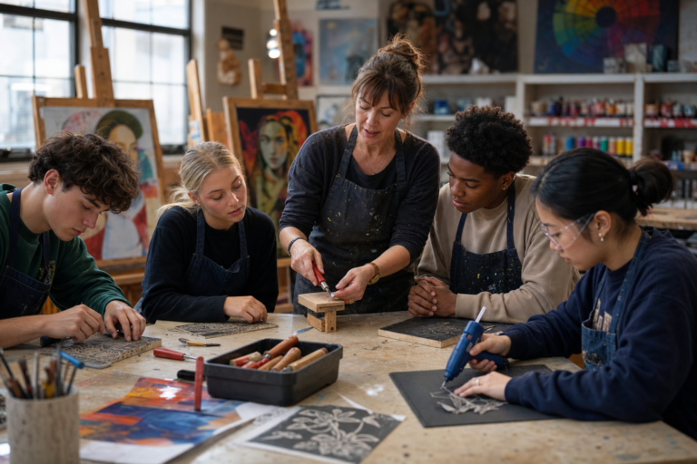Safety in art education: an art teacher shows students how to carve a lino block safely, cutting away from the body against a bench hook, while a student in safety glasses uses a glue gun on a heat mat